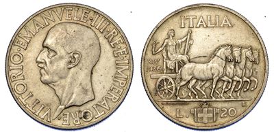 Regno D'italia. Vittorio Emanuele III di Savoia, 1900-1946. 20 Lire 1936/a. XIV. Impero.