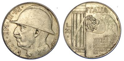 Regno D'italia. Vittorio Emanuele III di Savoia, 1900-1946. 20 Lire 1928/a. Vi. Elmetto.