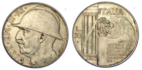 REGNO D'ITALIA. VITTORIO EMANUELE III DI SAVOIA, 1900-1946. 20 Lire 1928/A. VI. Elmetto.