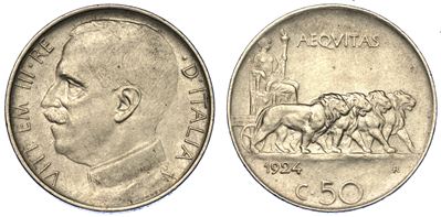 Regno D'italia. Vittorio Emanuele III di Savoia, 1900-1946. 50 Centesimi 1924. Leoni (bordo Lisci...