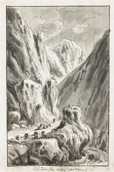 Paesaggio montano con carovana, penna, inchiostro bruno e acquerello grigio su carta