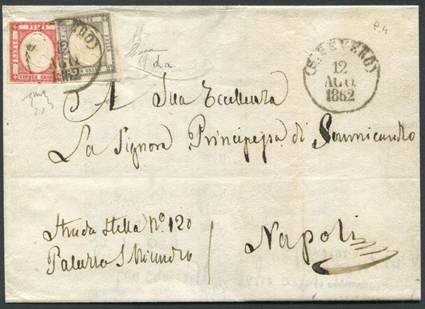 1862, Province Napoletane, Lettera sa S.Severo per Napoli del 12 agosto 1862, affrancata 1 grano girgio chiaro e 5 grana rosso carminio (19da, 21)