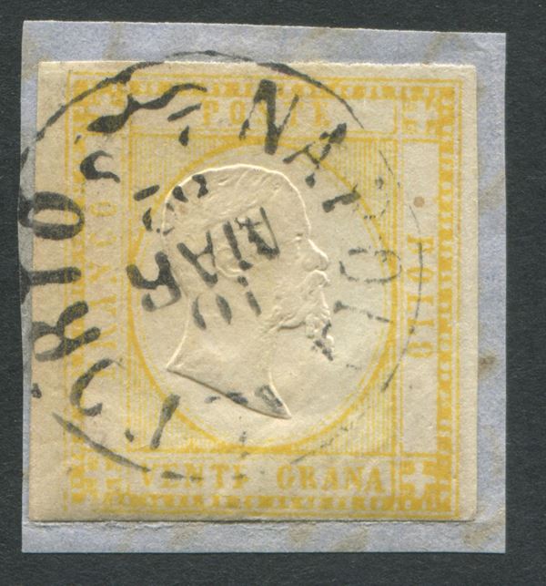 1862, Province Napoletane, 20 grana giallo (23) su piccolo frammento con annullo di “Napoli al Porto” del 10 marzo 1862.