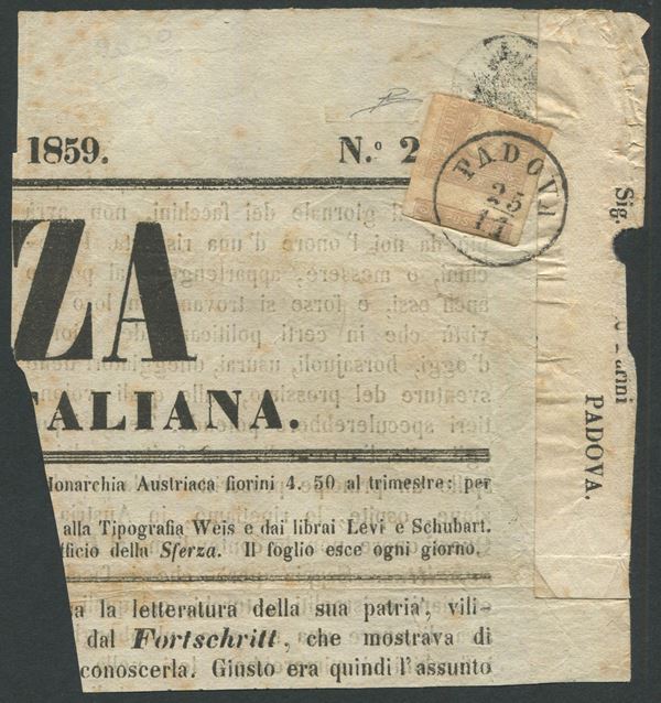 1859, Lombardo Veneto, frammento di giornale da Padova per città del 25 novmbre 1859, affrancato con 1,05 soldi lilla grigio (9) tagliato male, forse per una frode postale tendente a recuperare un francobollo in più dalla fila verticale.