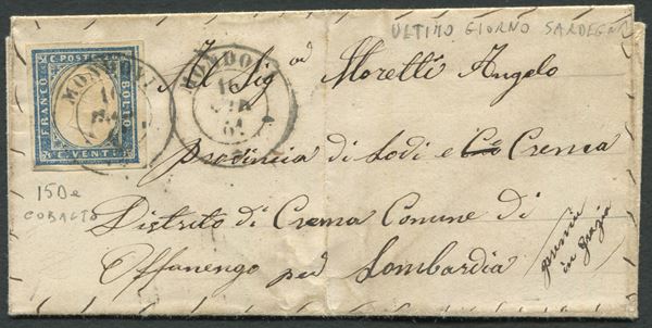 1861, Sardegna/Regno d’Italia, Lettera da Mondovì del 16 marzo 1861 per Offanengo, affrancata con 20 cent. di Sardegna.