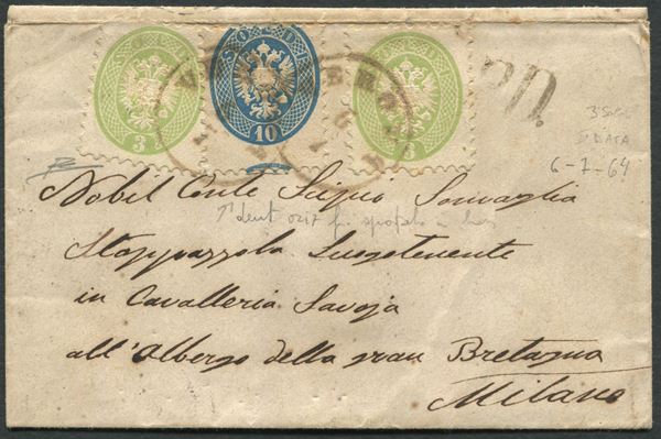 1864, Lombardo Veneto, Lettera da Verona per Milano del 6 luglio 1864, affrancata con due esemplari del 3 soldi verde, e 10 soldi azzurro con  dentellatura orizzontale fortemente spostata in basso (42a, 44)