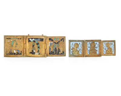 Due icone da viaggio, Bronzo fuso dorato e smalti, Russia, XIX-XX secolo
