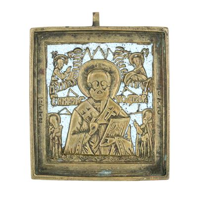 Russia, Icona con crocefissi (bronzo fuso cesellato dorato e smalti), XIX-XX secolo