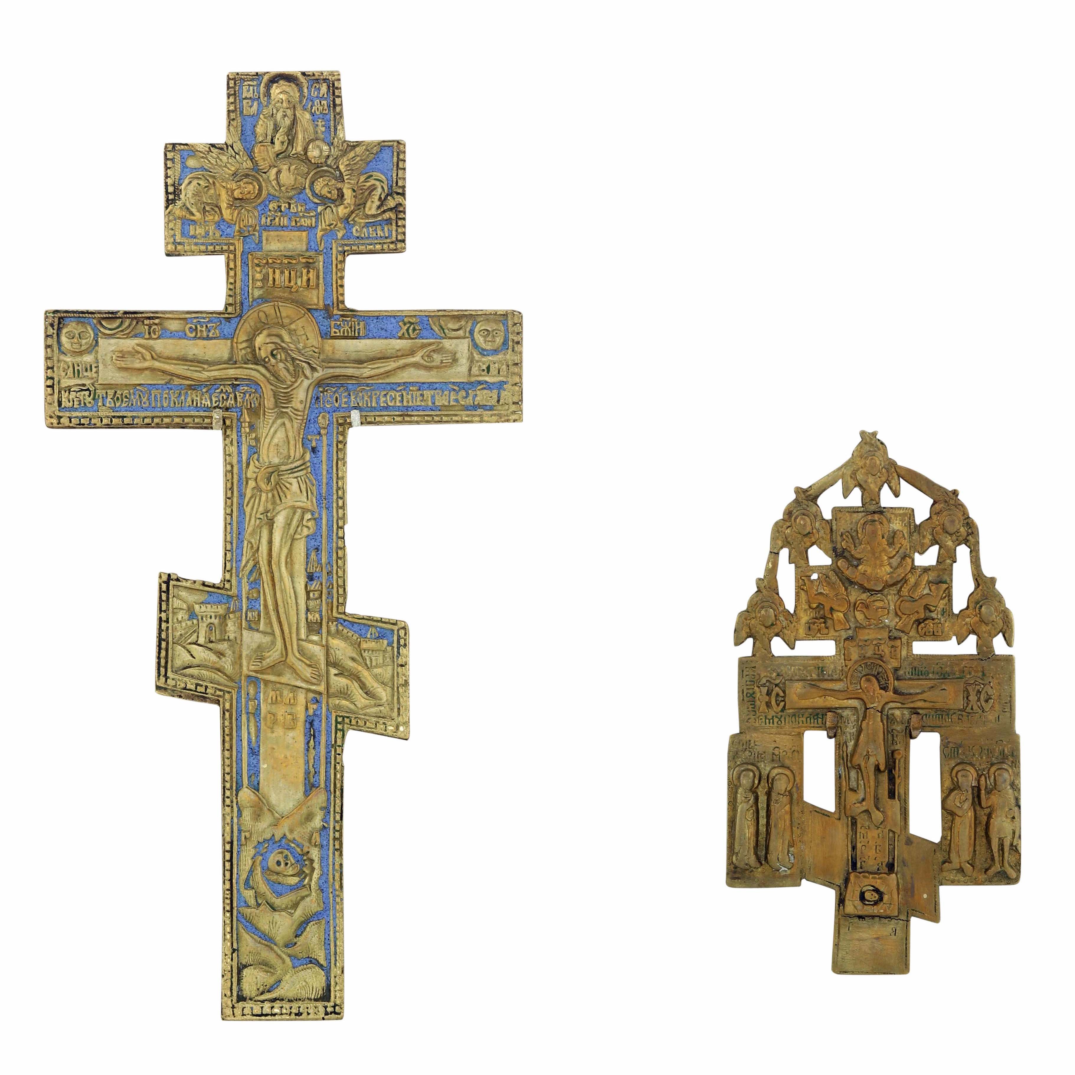 Russia, Icona con crocefissi (bronzo fuso cesellato dorato e smalti), XIX-XX secolo