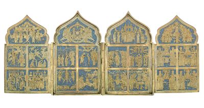 Dittico da viaggio, bronzo fuso dorato e cesellato, Russia, XIX-XX secolo