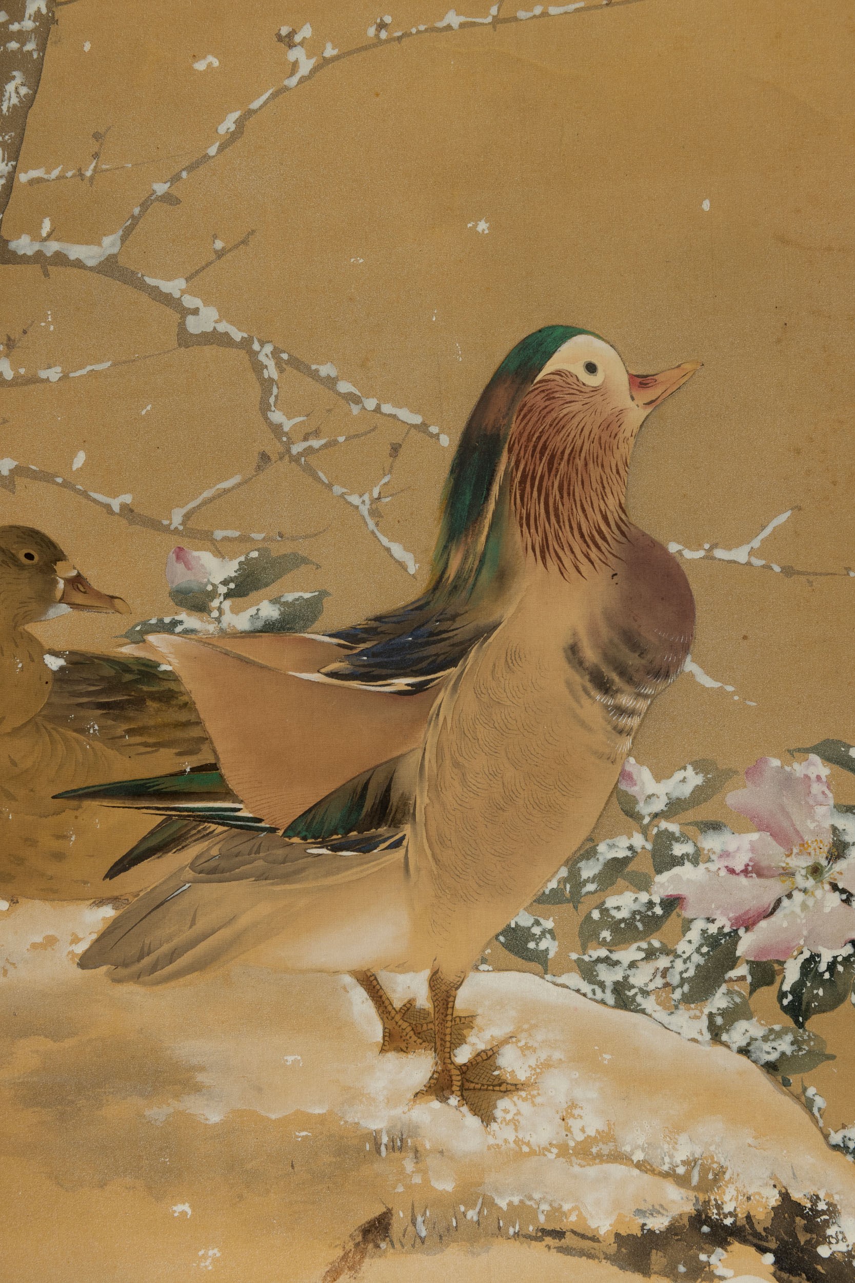 Scroll su Carta Raffigurante Anatre Mandarine (yuan Yang) con Inscrizioni Titolato “qing Lian”, C...