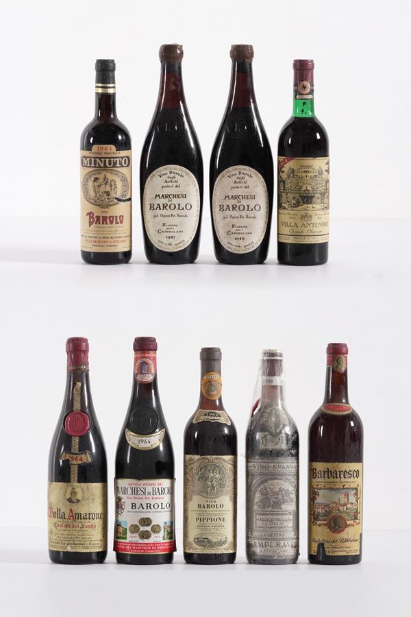 Nove bottiglie di vino tra cui alcune di Barolo