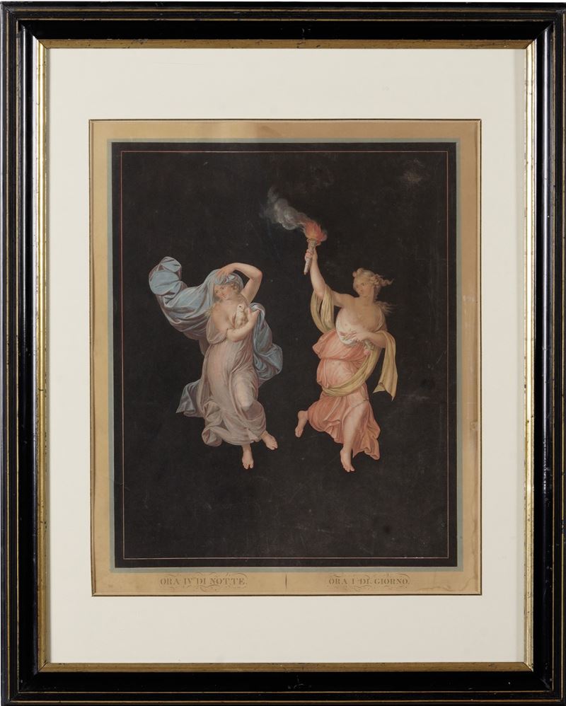 Stampa raffigurante "il giorno e la notte". XIX secolo  - Auction Fabio Fazio, furniture and memories of a country house - Cambi Casa d'Aste