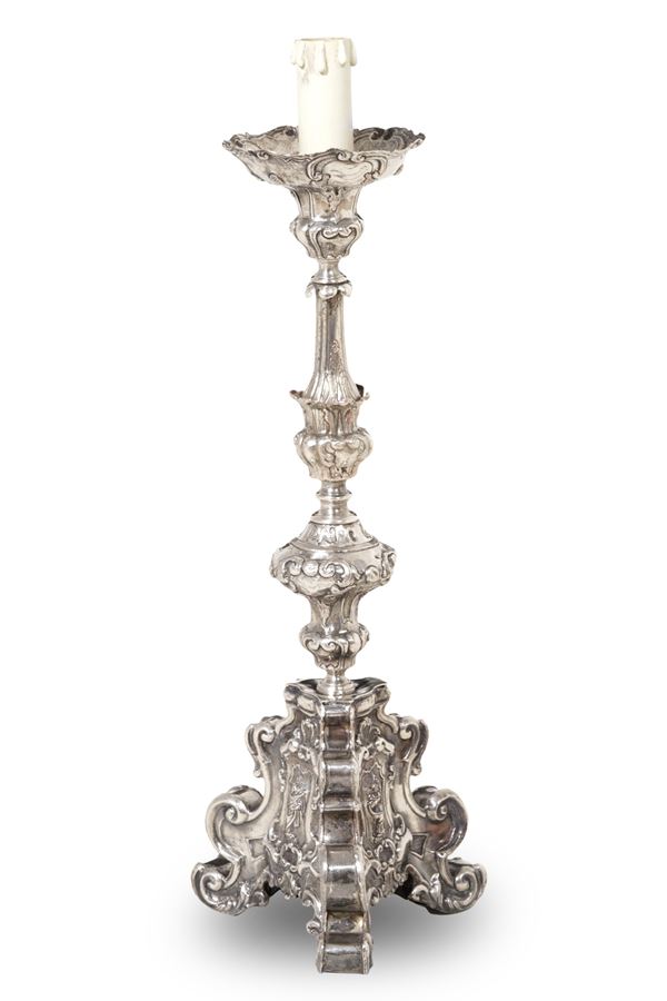 Candeliere in rame argentato. XVIII-XIX secolo
