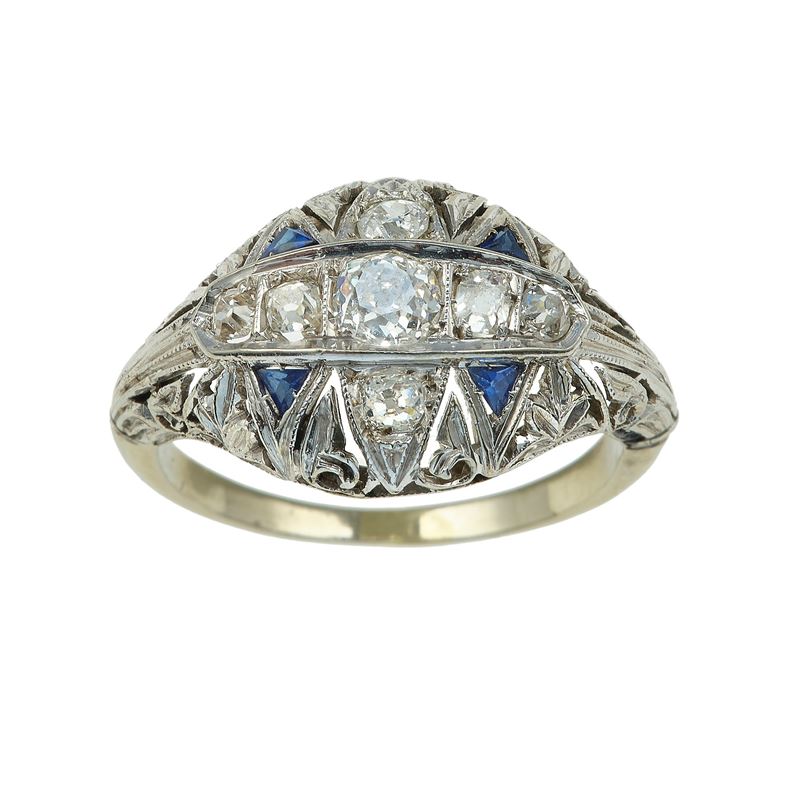 Old-cut diamond and synthetic sapphire ring  - Auction Jewels - Cambi Casa d'Aste