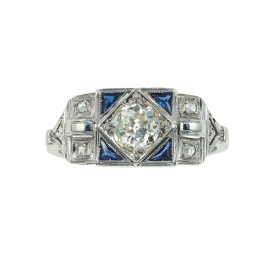 Anello con Diamante Taglio Cuscino e Zaffiri Sintetici
