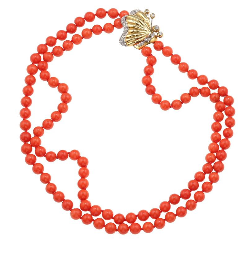 Girocollo a due fili di corallo aranciato  - Asta Fine Jewels - Cambi Casa d'Aste