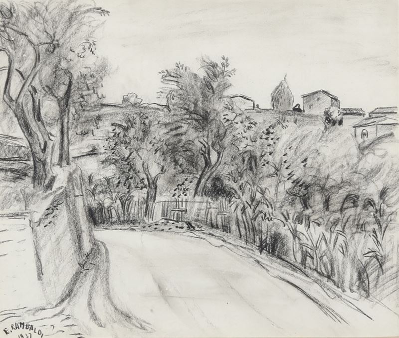 Emanuele Rambaldi : Paesaggio  - carboncino su carta - Asta Dipinti del XIX e XX secolo - Cambi Casa d'Aste