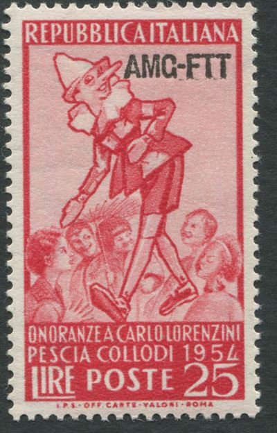 1954, Trieste Zona A, 25 Lire Rosa Carminio. “pinocchio”soprastampato “amg-ft1”, Non Emesso (208a...