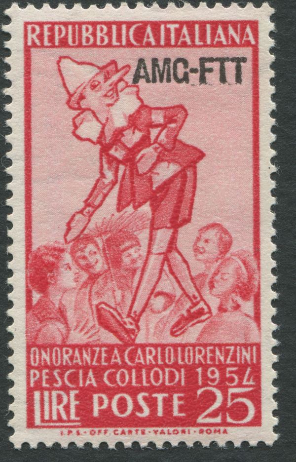 1954, Trieste zona A, 25 lire rosa carminio. “Pinocchio”soprastampato “AMG-FT1”, non emesso (208A)