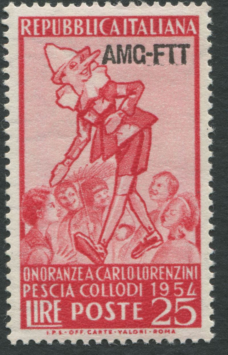 1954, Trieste zona A, 25 lire rosa carminio. “Pinocchio”soprastampato “AMG-FT1”, non emesso (208A)  - Asta Storia Postale e Filatelia - Cambi Casa d'Aste