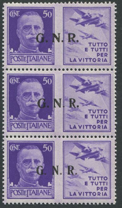 1943, Repubblica Sociale Italiana. Propaganda di Guerra , “trittico del 50 Cent. Tipo III con Sop...