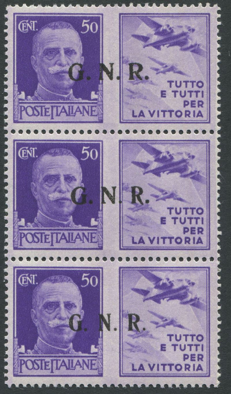 1943, Repubblica Sociale Italiana. Propaganda di guerra , “Trittico del 50 cent. tipo III con soprastampa di Brescia del II e III tipo (23 II a) con al centro l’errore “G.N” del II tipo e “R” del III tipo.  - Asta Storia Postale e Filatelia - Cambi Casa d'Aste