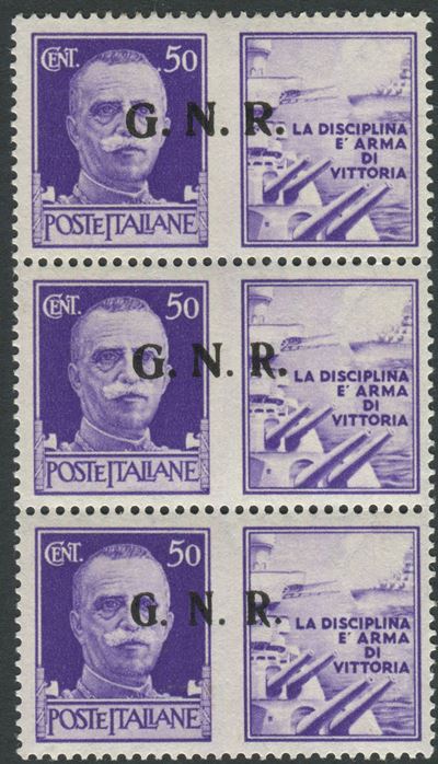 1944, Repubblica Sociale Italiana. Propaganda di Guerra, Trittico Verticale del 50 Cent. Tipo II ...