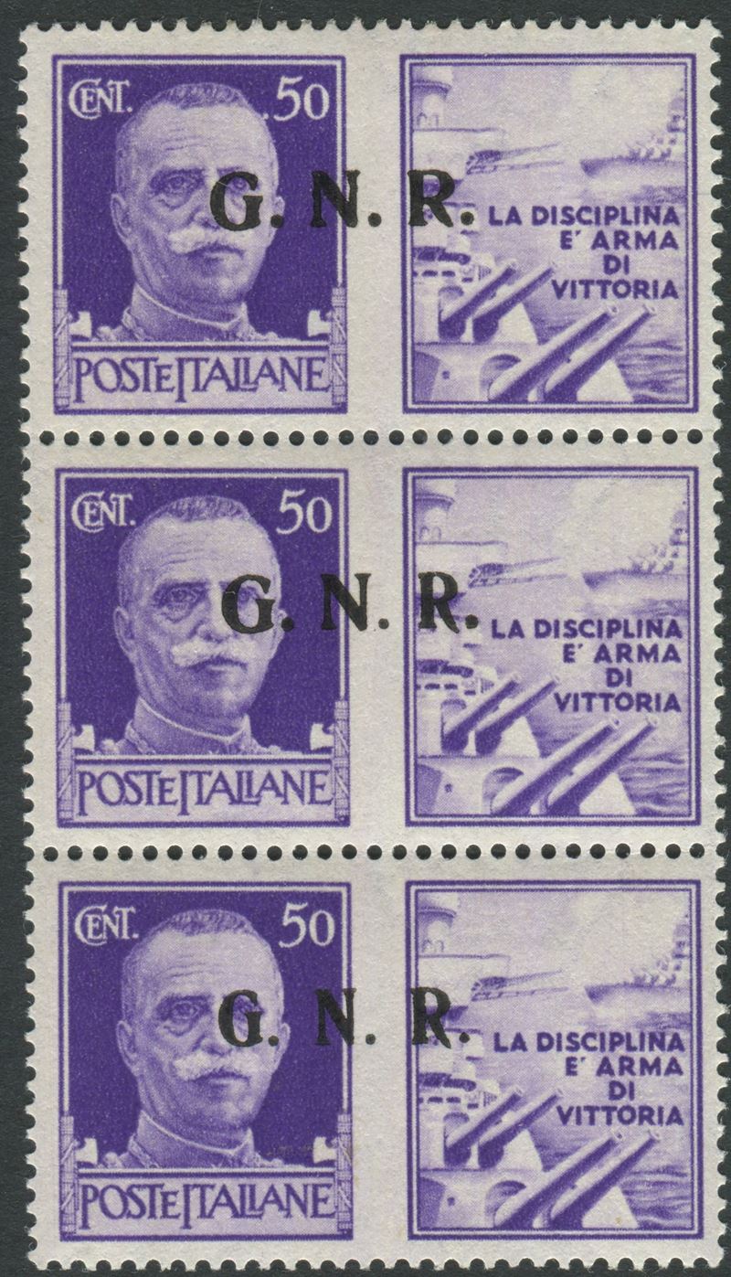 1944, Repubblica Sociale Italiana. Propaganda di guerra, Trittico verticale del 50 cent. tipo II con soprastampa di Brescia del II e III tipo (21/I, 21/Ia e 21/II) Posizioni 20, 25 e 30. Non comune, molto bello. Raybaudi  - Asta Storia Postale e Filatelia - Cambi Casa d'Aste