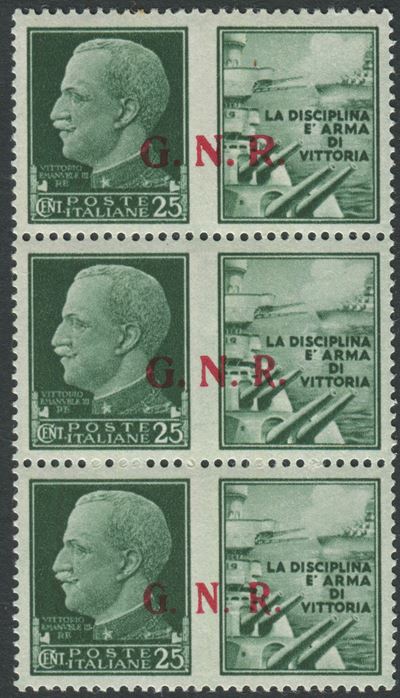 1944, Repubblica Sociale Italiana, Propaganda di Guerra, Trittico del 25 Cent. Verde con Varietà ...