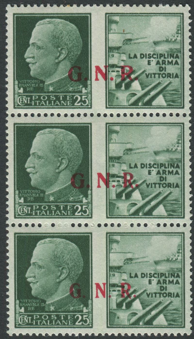 1944, Repubblica Sociale Italiana, Propaganda di Guerra, Trittico del 25 cent. verde con varietà (13/I, 13/Ia e 13/II). Posizioni 20, 25 e 30. Interessante varietà, non comune. Raybaudi  - Asta Storia Postale e Filatelia - Cambi Casa d'Aste