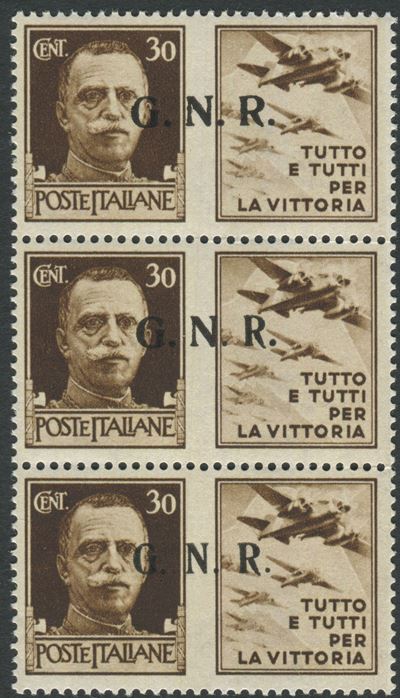 1944, Repubblica Sociale Italiane, Propaganda di Guerra. Trittico Verticale del 30c. Bruno, “trit...