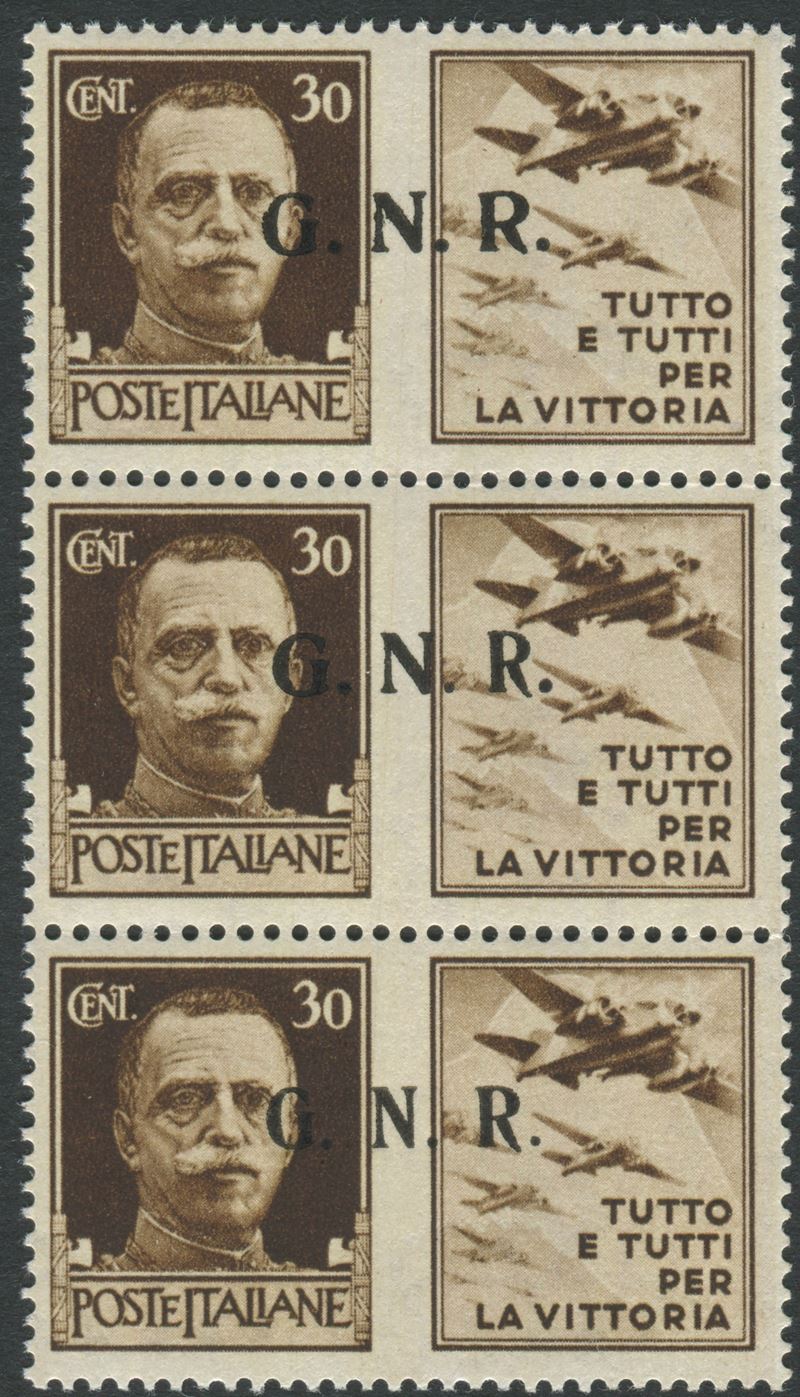1944, Repubblica Sociale Italiane, Propaganda di Guerra. Trittico verticale del 30c. bruno, “Trittico”, nuovo con gomma integra, (19/I, 19Ia e 19II), con varietà nell’esemplare in basso.  - Asta Storia Postale e Filatelia - Cambi Casa d'Aste