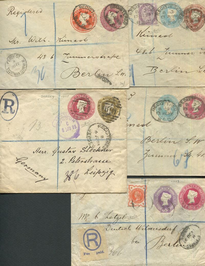 1889/1897, Gran Bretagna, otto interi Postali varie tariffe e destinazioni, cinque raccomandate e tre interi in tariffa.  - Auction Postal History and Philately - Cambi Casa d'Aste