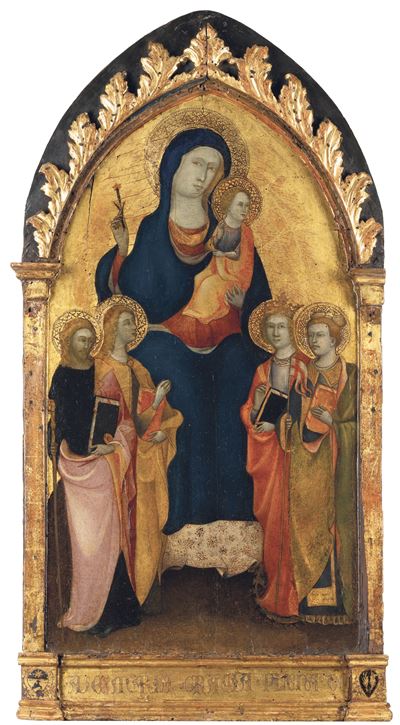 Madonna in trono con Bambino, S. Giovanni Battista, S. Giacomo, S. Lorenzo e S. Stefano, tempera ...