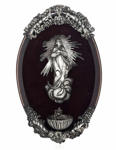 Acquasantiera, argento fuso e sagomato con figura dell’Immacolata, Genova, XIX secolo