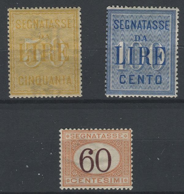1903/1924, Regno d’Italia, Segnatasse, lire 50 giallo e lire 100 azzurro e 60c. arancio e bruno