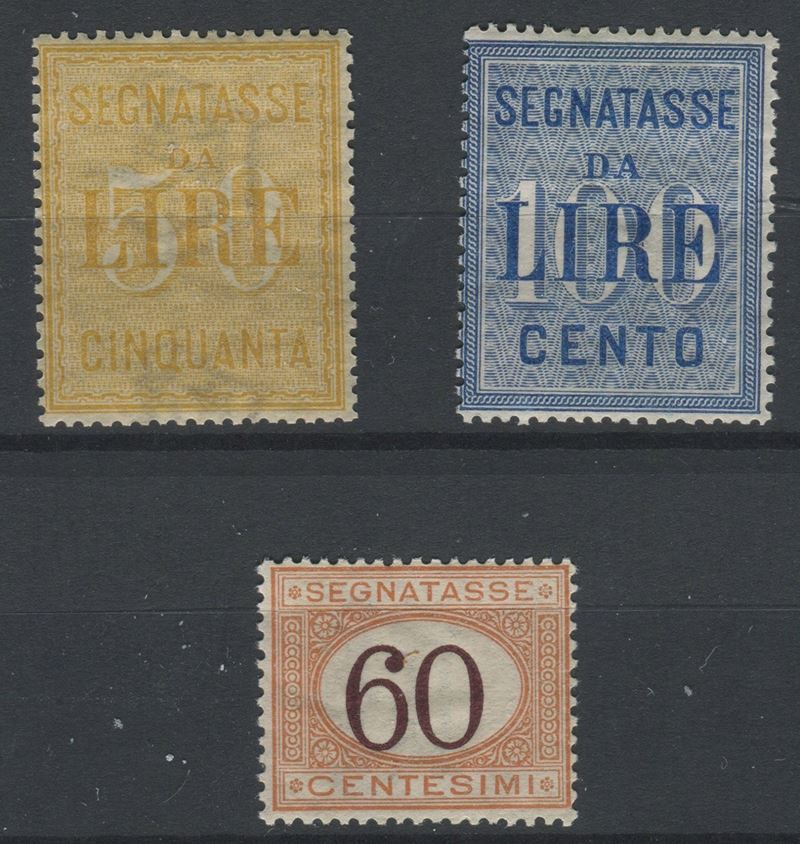 1903/1924, Regno d’Italia, Segnatasse, lire 50 giallo e lire 100 azzurro e 60c. arancio e bruno  - Asta Storia Postale e Filatelia - Cambi Casa d'Aste