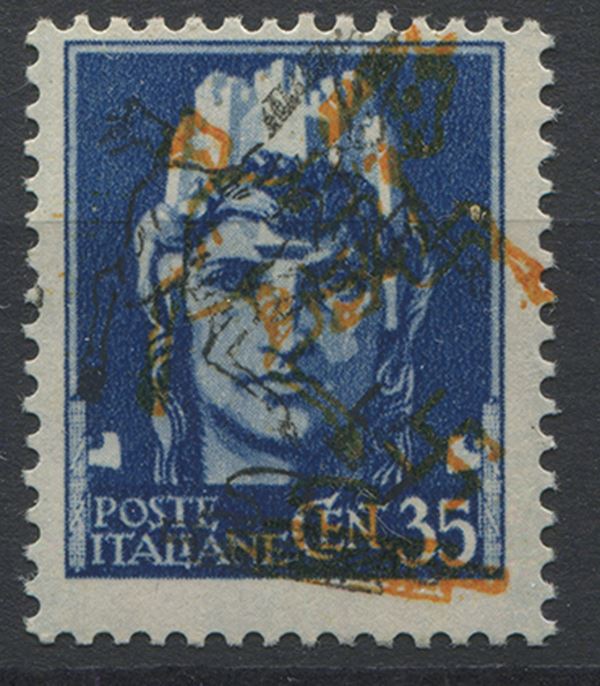1943, luogotenenza, Napoli, saggio del francobollo della serie “Imperiale”, con doppia soprastampa a mano, nera e arancio