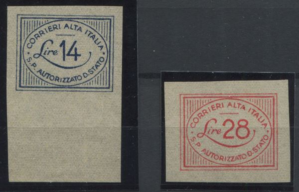1945, Luogotenenza, Servizi Privati, Autorizzati, “Coralit”, 14 lire azzurro oltremare e 28 lire rosa carminio (S. 1/2) non dentellati e non gommati.