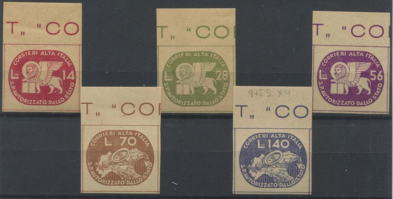 1945, Luogotenenza, Servizi Postali Privati, “Leone di San Marco”, serie di cinque valori, carta giallastra, gommati, non dentellati (S. 3/7).  - Asta Storia Postale e Filatelia - Cambi Casa d'Aste