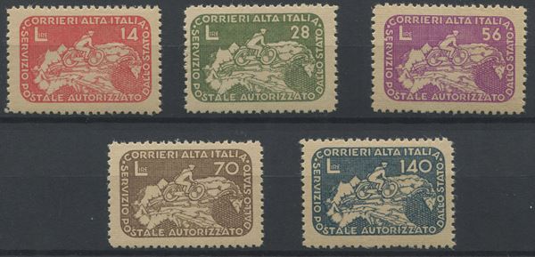 1945, Luogotenenza, Servizi Postali Privati, “Ciclista su carta geografica, 5 valori, dentellati e gomma integra (S. 8/12)