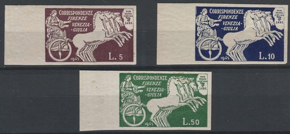 1945, Luogotenenza, Servizi Postali Privati, S.A.B.E, 3 valori non dentellati, nuovi gomma integra (S.13/15).