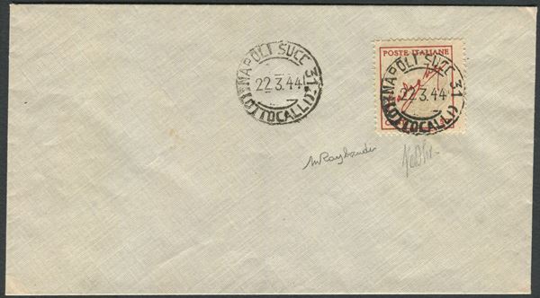 1944, Regno d’Italia, 50 c. rosso e bistro, “Badoglio” senza filigrana, a carta scadente brunastra (515 H) non emesso.