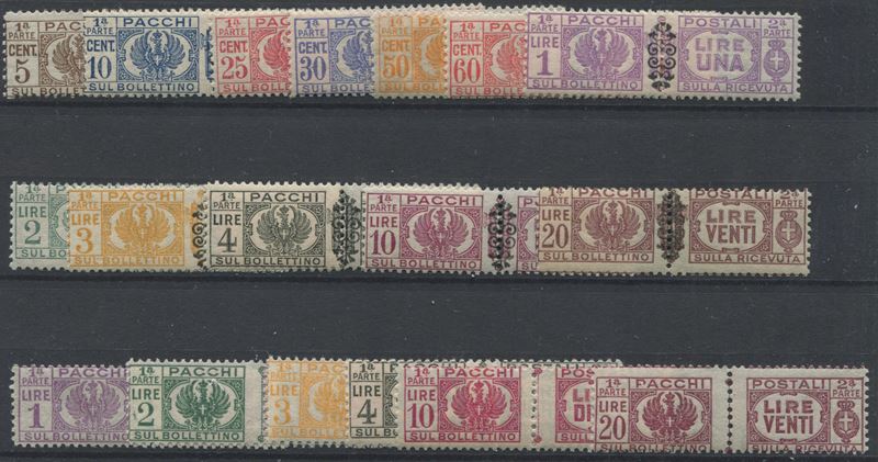 1945/1946, Luogotenenza, Pacchi Postali., soprastampati in centro, 12 valori (48/59) senza fasci al centro, 6 valori (60/65).  - Auction Postal History and Philately - Cambi Casa d'Aste