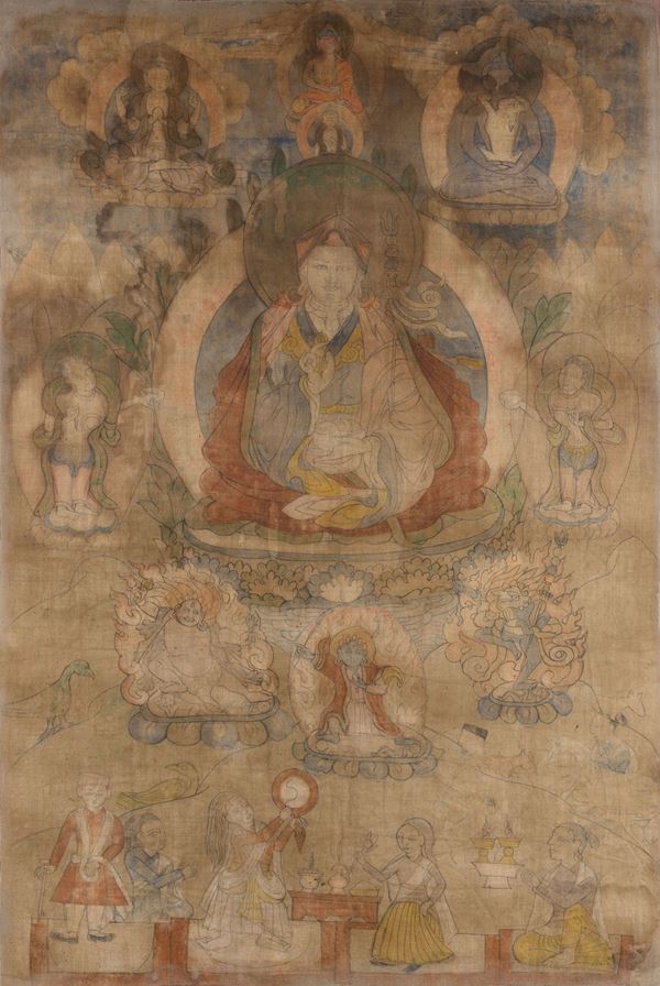 Thangka su seta raffigurante figura di Lama centrale e altre divinità, Tibet, XVIII secolo