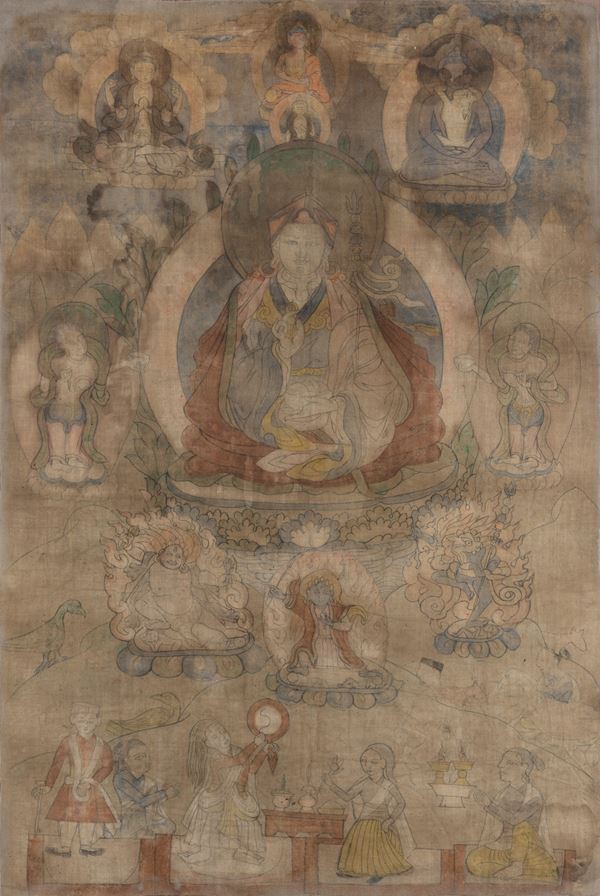 Thangka su seta raffigurante figura di Lama centrale e altre divinità, Tibet, XVIII secolo