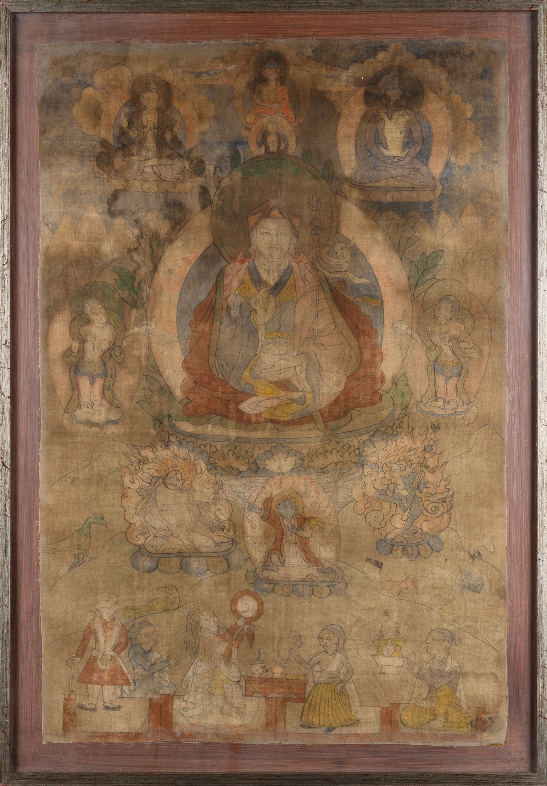Thangka su seta raffigurante figura di Lama centrale e altre divinità, Tibet, XVIII secolo