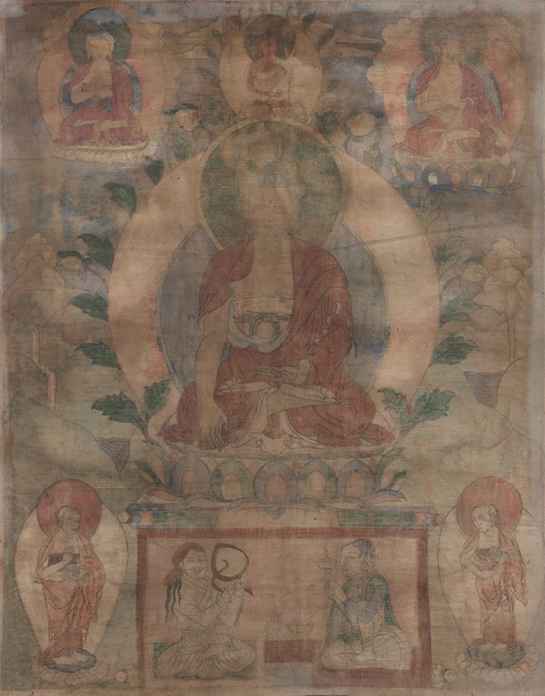 Thangka su seta raffigurante figura di Buddha Sakyamuni centrale e altre divinità, Tibet, XVIII secolo
