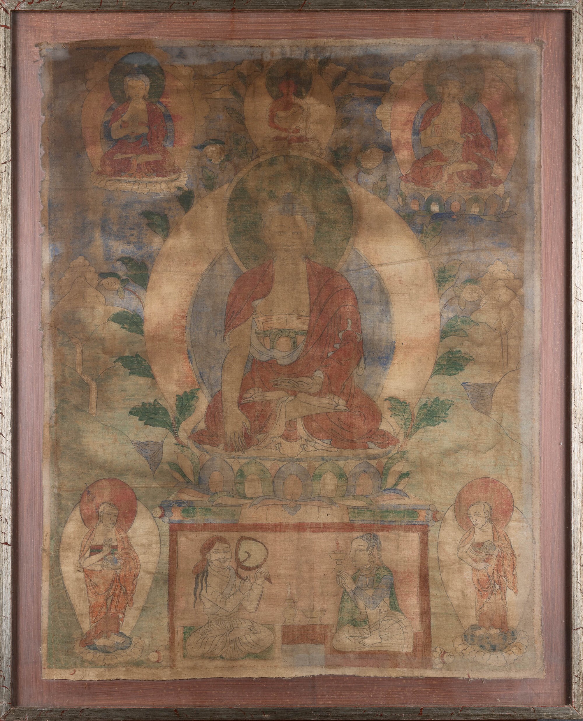 Thangka su Seta Raffigurante Figura di Buddha Sakyamuni Centrale e Altre Divinità, Tibet, XVIII S...